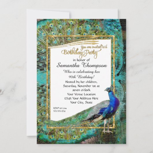Art Deco Peacock Gold Glitter Hollywood Birthday Kaart (Voorkant)