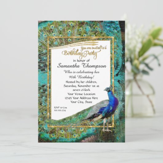 Art Deco Peacock Gold Glitter Hollywood Birthday Kaart (Staand voorkant)