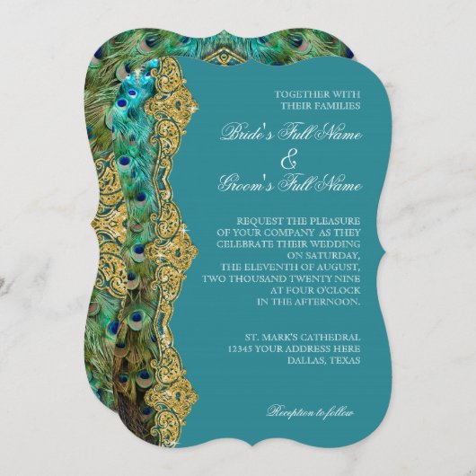 Art Deco Peacock Gold Glitter Old Hollywood Gatsby Kaart (Voorkant / Achterkant)