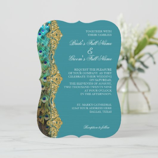 Art Deco Peacock Gold Glitter Old Hollywood Gatsby Kaart (Staand voorkant)