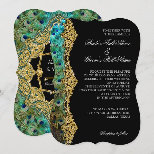 Art Deco Peacock Gold Glitter Old Hollywood Gatsby Kaart (Voorkant / Achterkant)