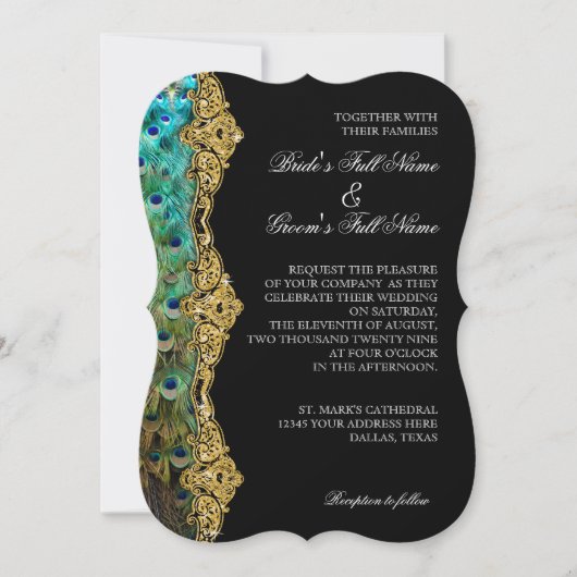 Art Deco Peacock Gold Glitter Old Hollywood Gatsby Kaart (Voorkant)