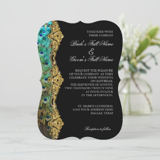 Art Deco Peacock Gold Glitter Old Hollywood Gatsby Kaart (Staand voorkant)