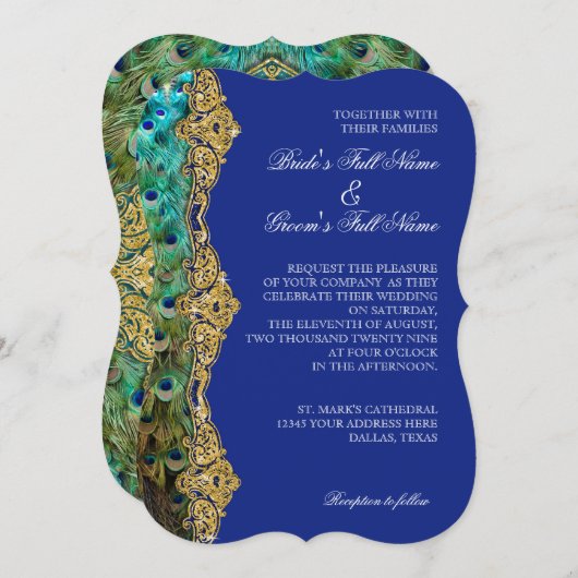 Art Deco Peacock Gold Glitter Old Hollywood Gatsby Kaart (Voorkant / Achterkant)