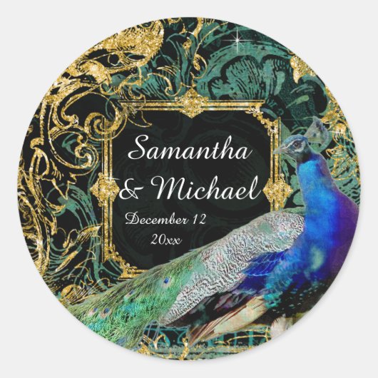 Art Deco Peacock Gold Glitter Old Hollywood Gatsby Ronde Sticker (Voorkant)