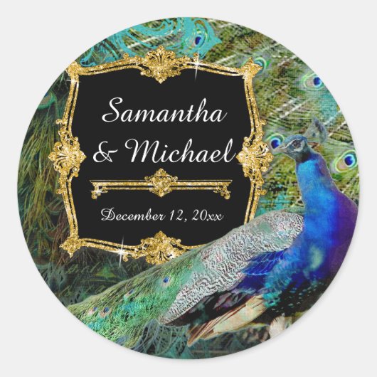 Art Deco Peacock Gold Glitter Old Hollywood Gatsby Ronde Sticker (Voorkant)