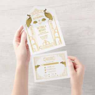 Art Deco Peacock Gold & White Wedding Invitations All In One Uitnodiging