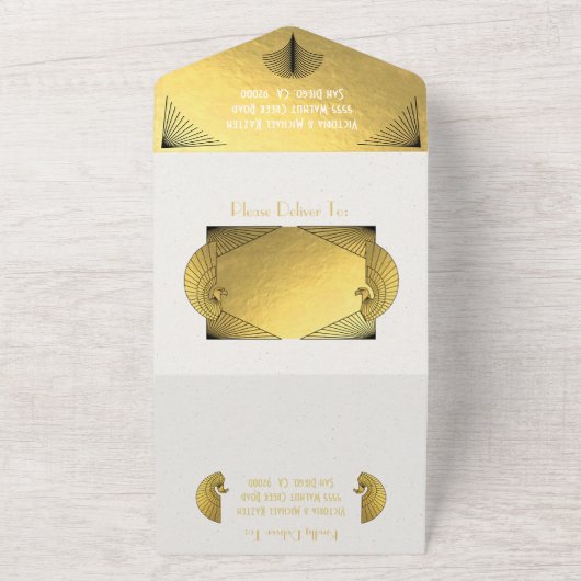Art Deco Peacock Gold & White Wedding Invitations All In One Uitnodiging (Buitenkant)