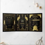 Art Deco Peacock Lion Seahorse Elephant Wedding Tr Drieluik Uitnodiging<br><div class="desc">Mooie Art Neouveau of Deco Wedding-uitnodiging, met faux gouden lettertypen en pacocks, SeaHorse, Elephant, Flacons en Leon op een zwarte achtergrond. Perfect voor een Gatsby, 1920, Flapper, ban, roaring 20's, elegante huwelijkslocatie. Het binden van allen in één drievoudige uitnodigingen die met reactiekaarten RSVP, Details komen. Om meer veranderingen aan te...</div>