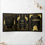 Art Deco Peacock Lion Seahorse Elephant Wedding Tr Drieluik Uitnodiging<br><div class="desc">Mooie Art Neouveau of Deco Wedding-uitnodiging, met faux gouden lettertypen en pacocks, SeaHorse, Elephant, Flacons en Leon op een zwarte achtergrond. Perfect voor een Gatsby, 1920, Flapper, ban, roaring 20's, elegante huwelijkslocatie. Het binden van allen in één drievoudige uitnodigingen die met reactiekaarten RSVP, Details komen. Om meer veranderingen aan te...</div>