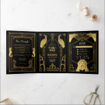 Art Deco Peacock Lion Seahorse Foto Weddenschap Drieluik Uitnodiging<br><div class="desc">Mooie Art Neouveau of Deco Wedding-uitnodiging, met faux gouden lettertypen en pacocks, SeaHorse, Flacons en Leon op een zwarte achtergrond. Perfect voor een Gatsby, 1920, Flapper, ban, roaring 20's, elegante huwelijkslocatie. Het binden allen in één drievoudige uitnodigingen die met reactiekaarten RSVP, Details en info en een foto van het paar...</div>