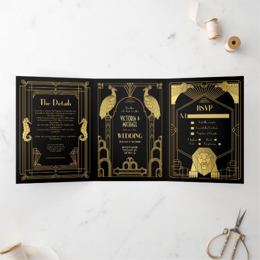 Art Deco Peacock Lion Seahorse Foto Weddenschap Drieluik Uitnodiging (Binnen)