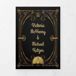 Art Deco Peacock Lion Seahorse Foto Weddenschap Drieluik Uitnodiging