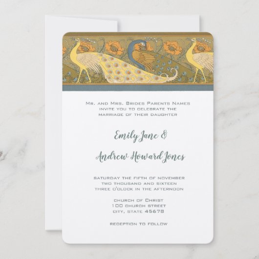Art Deco Peacock Parade Bird Wedding Uitnodiging (Voorkant)