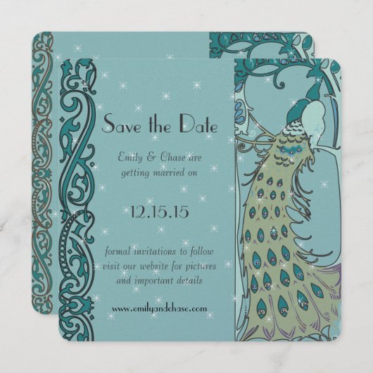 Art Deco Peacock Save the Date Invitations (Voorkant / Achterkant)