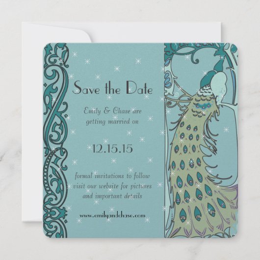 Art Deco Peacock Save the Date Invitations (Voorkant)