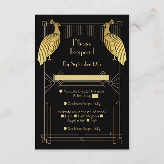 Art Deco Peacock Speak Easy Party Gold & Black Informatiekaartje (Voorkant)