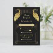 Art Deco Peacock Speak Easy Party Gold & Black Informatiekaartje (Staand voorkant)