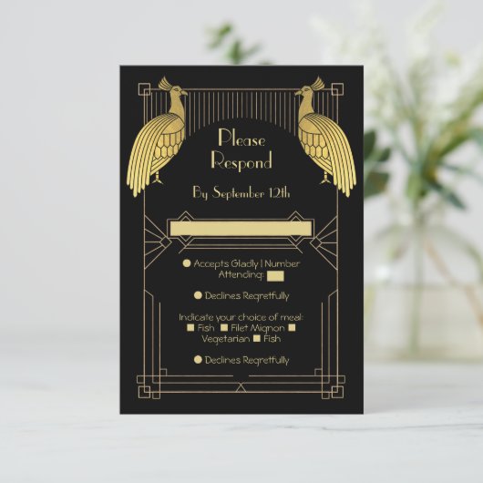 Art Deco Peacock Speak Easy Party Gold & Black Informatiekaartje (Staand voorkant)