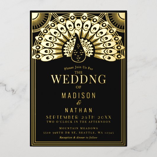 Art Deco Peacock Wedding Folie Uitnodiging (Voorkant)
