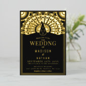 Art Deco Peacock Wedding Folie Uitnodiging (Staand Voorkant)