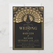 Art Deco Peacock Wedding Kaart (Voorkant)