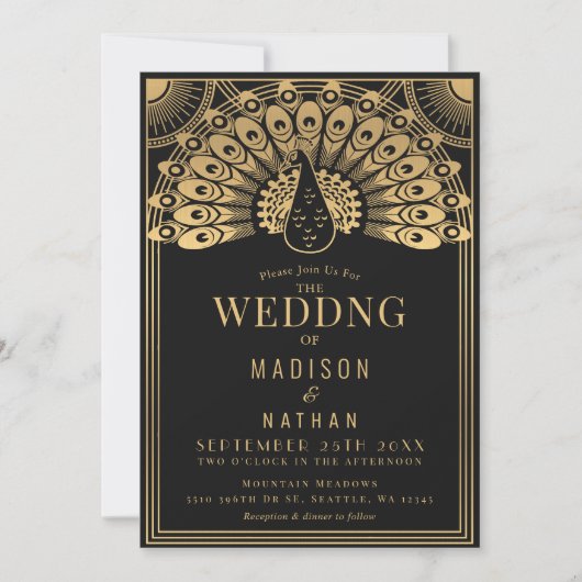 Art Deco Peacock Wedding Kaart (Voorkant)