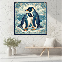 Art Deco Penguin Ice Bird Couple Snow Ocean Floral