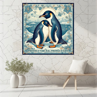 Art Deco Penguin Ice Bird Couple Snow Ocean Floral Foto Afdruk
