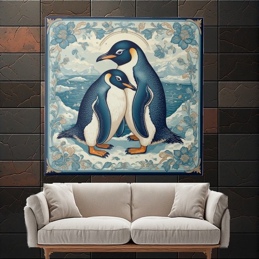 Art Deco Penguin Ice Bird Couple Snow Ocean Floral Tegeltje