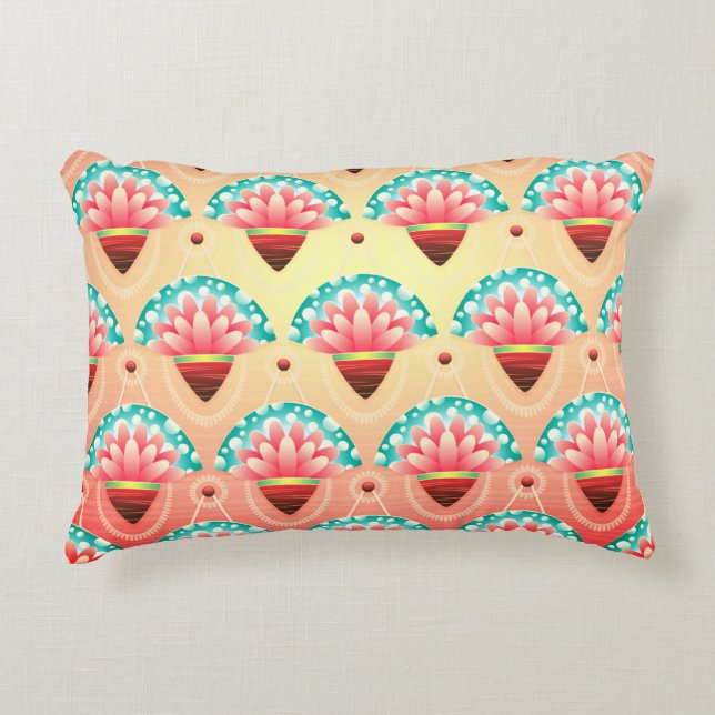 Art deco perzik blauwgroen gouden bloemmotief accent kussen (Voorkant)