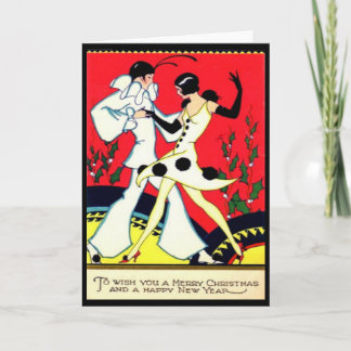 Art Deco Pierrot & Pierette Vintage Kerst Kaart