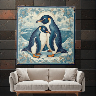 Art Deco Pinguïn Ijs Vogel Paar Sneeuw Oceaan Bloe Tegeltje