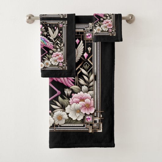 Art Deco Pink and Rainbow Flamingo  Bad Handdoek (Insitu)