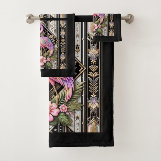 Art Deco Pink and Rainbow Flamingo  Bad Handdoek (Insitu)
