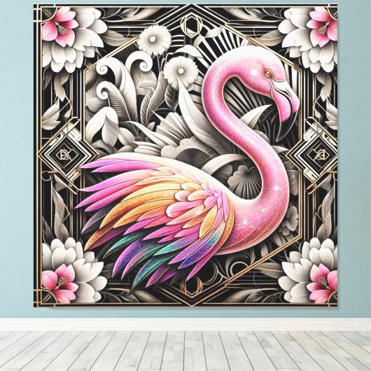 Art Deco Pink Flamingo Canvas Print (Insitu (Houten vloer))