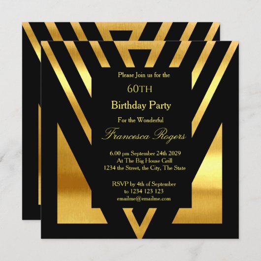 ART DECO Popular 60th Birthday Party Gold Black Kaart (Voorkant / Achterkant)