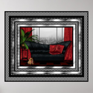 Art Deco Poster Silver Red Black Sofa Cat