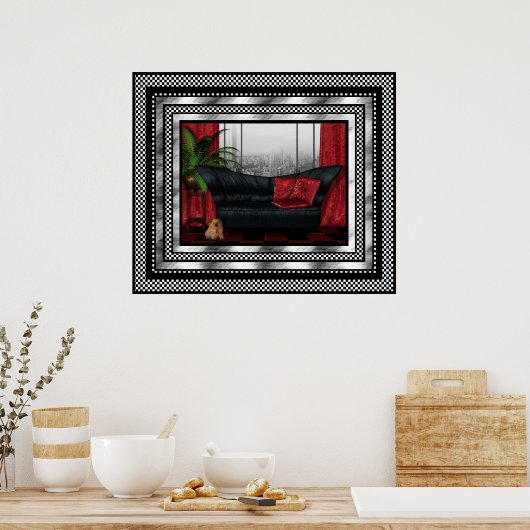  Art Deco Poster Silver Red Black Sofa Cat (Keuken)