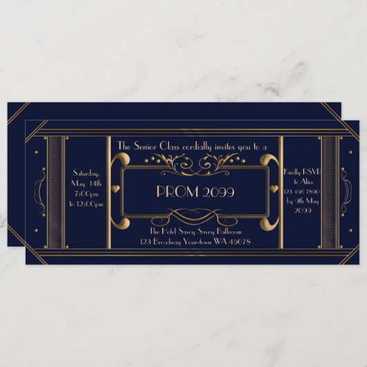 art deco prom ticket, junior prom, senior prom, ma kaart (Voorkant / Achterkant)