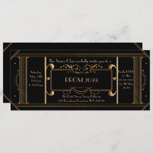 art deco prom ticket, junior prom, senior prom, zw kaart (Voorkant / Achterkant)