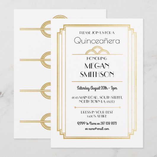 Art Deco Quinceanera Birthday Party 1920 Uitnodige Kaart (Voorkant / Achterkant)