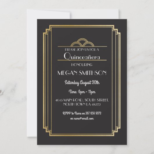 Art Deco Quinceanera Birthday Party Invite Gold 15 Kaart (Voorkant)