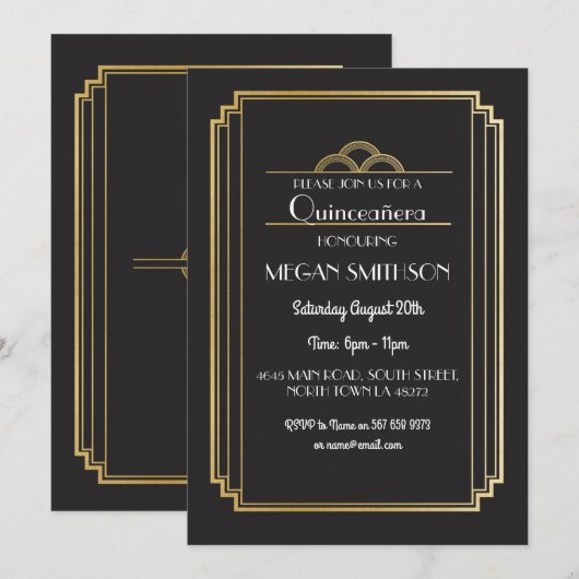 Art Deco Quinceanera Birthday Party Invite Gold 15 Kaart (Voorkant / Achterkant)