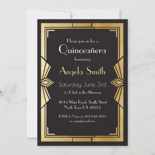 Art Deco Quinceanera Party Gatsby Black Invite 15 Kaart (Voorkant)