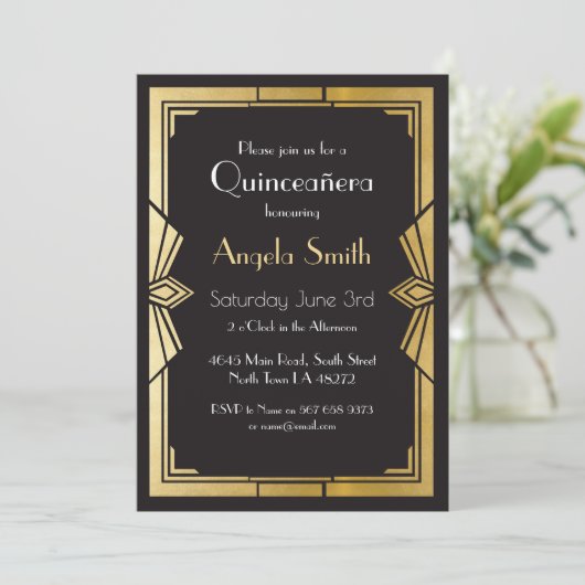 Art Deco Quinceanera Party Gatsby Black Invite 15 Kaart (Staand voorkant)