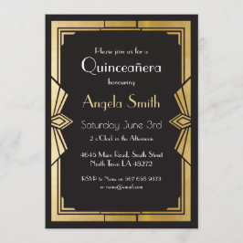 Art Deco Quinceanera Party Gatsby Black Invite 15 Kaart