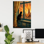 Art Deco raamdorpel starende kat muur kunst Poster (Thuiskantoor)