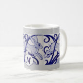 Art Deco Rabbit Hare Blue White Gray Monogram Koffiemok (Voorkant rechts)