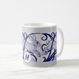 Art Deco Rabbit Hare Blue White Gray Monogram Koffiemok